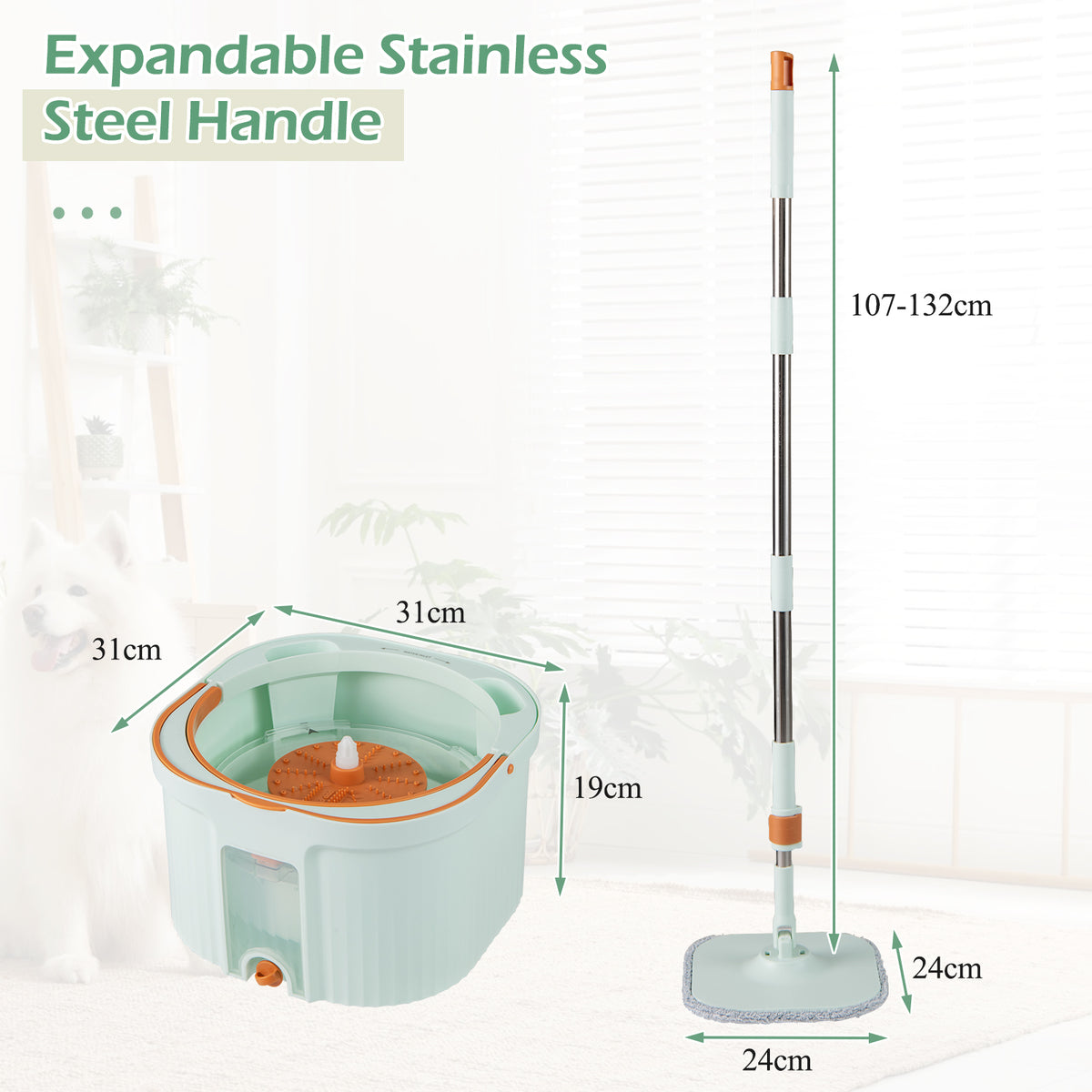 Spin Mop and Bucket Set Square with 8 Microfiber Mop Pads-Green
