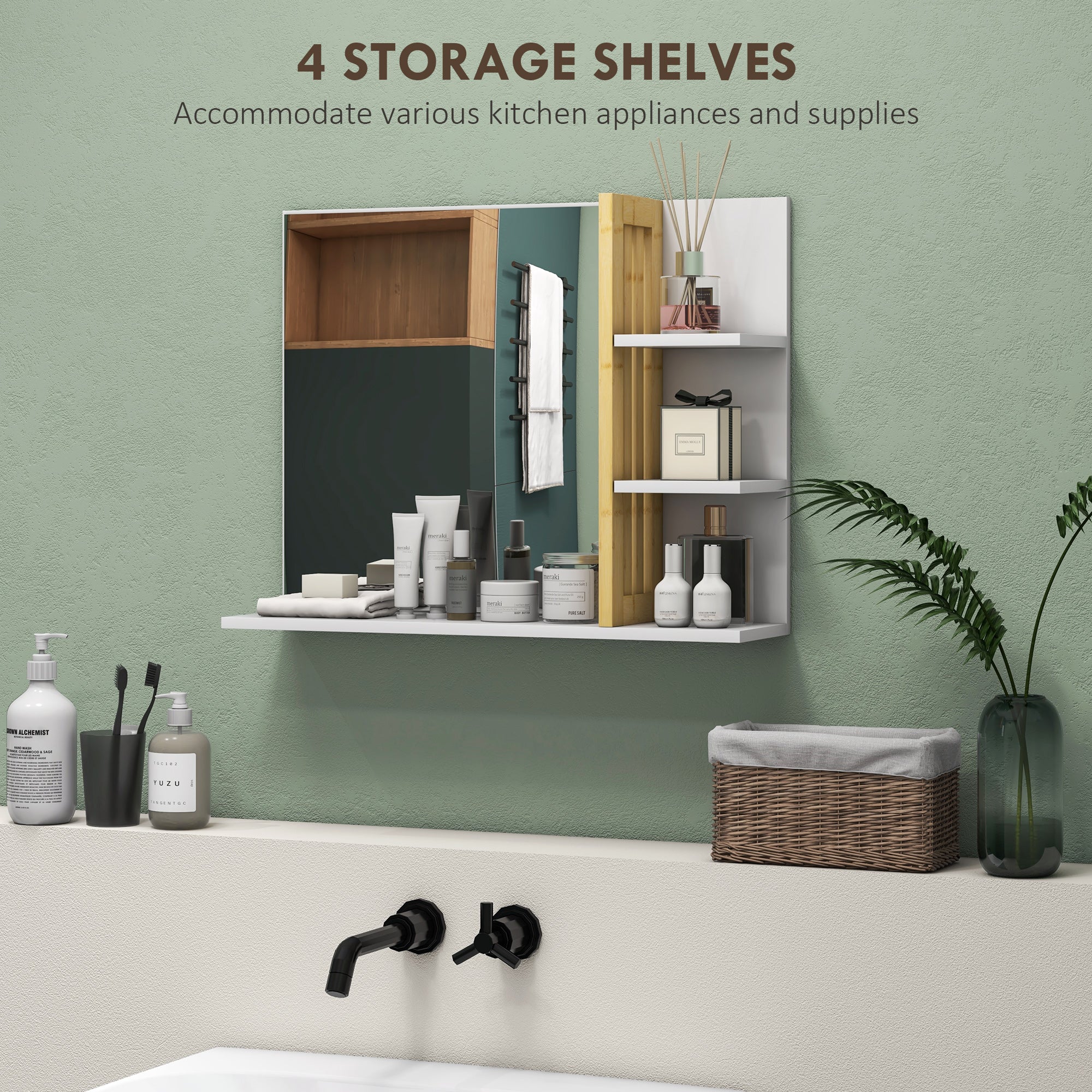 HOMCOM Bamboo Panel Bathroom Mirror, with Shelves - White