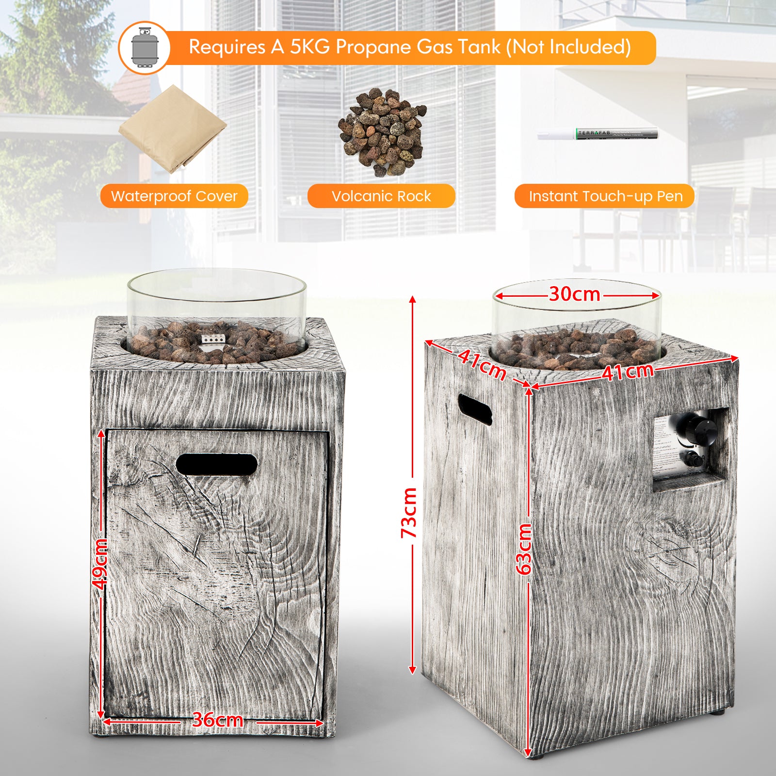 8.79 KW Propane Gas Fire Pit Table with Glass Wind Guard-Grey