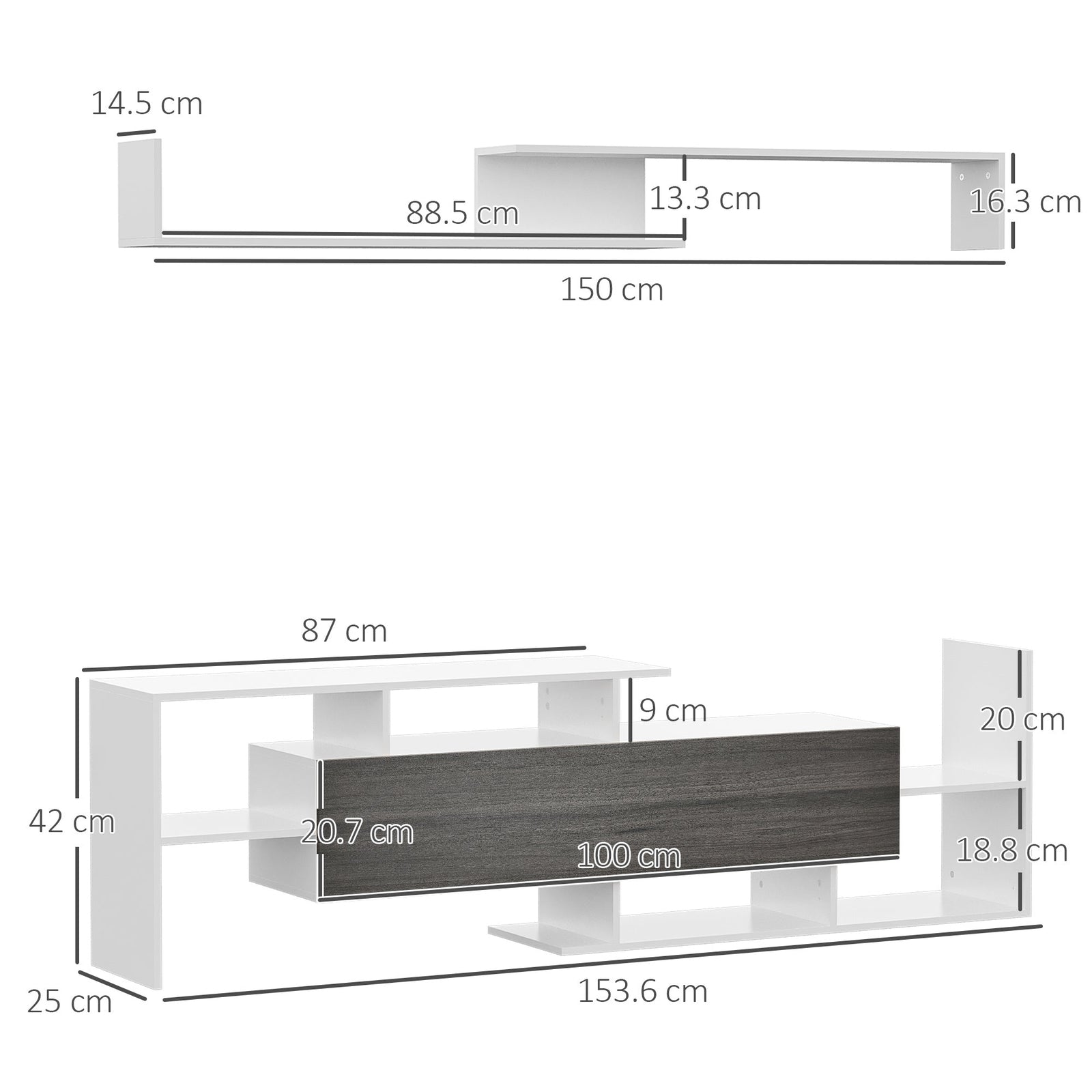 HOMCOM TV Cabinet with Wall Shelf for Wall-Mounted 65" TVs or Standing 40" TVs - White and Grey
