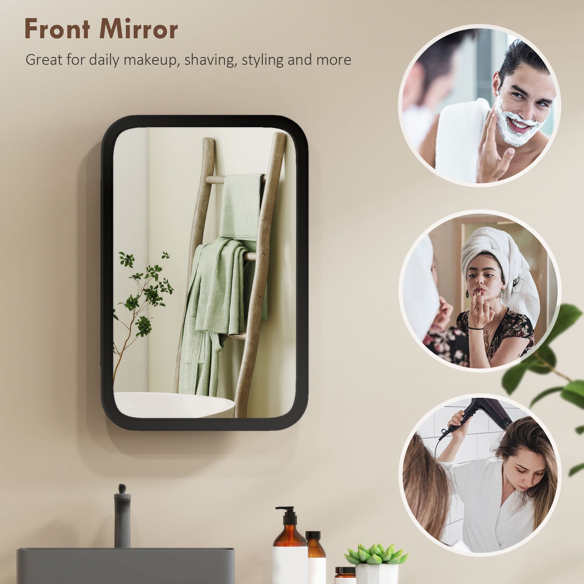 HOMCOM Bathroom Wall Cabinet with Tempered Mirror Metal Bathroom Mirror Cabinet with 3 Shelves Black