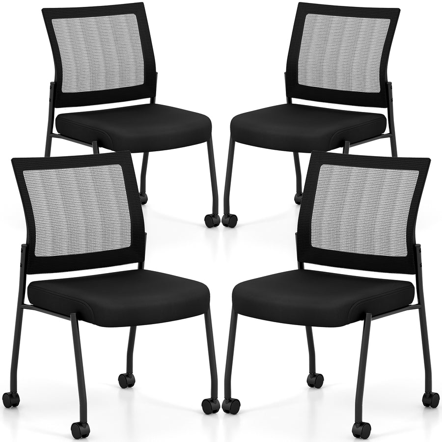 Stackable Armless Waiting Room Guest Chair with Wheels Set of 4-Black