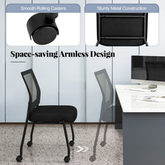 The office chairs showing the rolling wheels and the armless design tucked under a desk