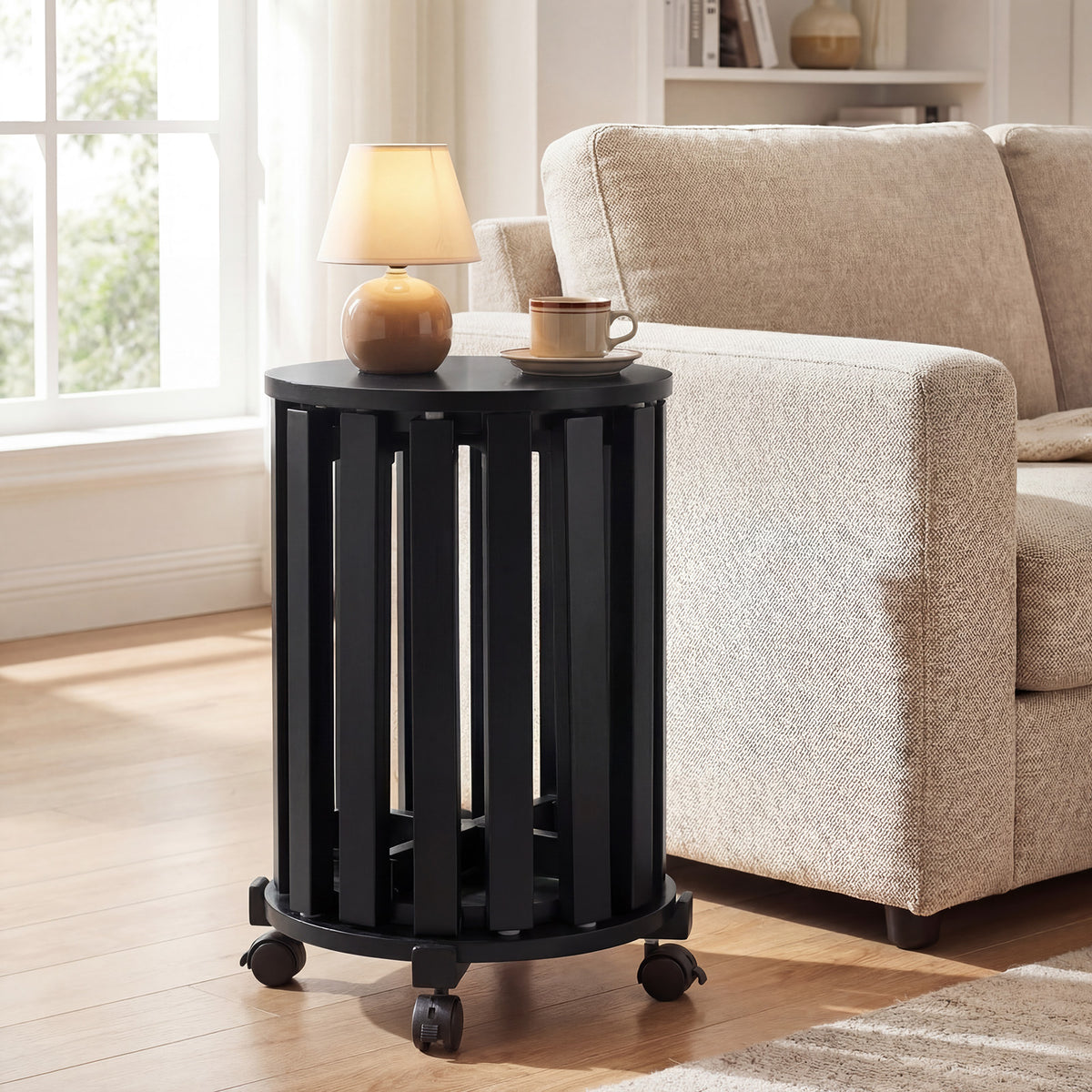 Stackable Stools Set of 4 with Rolling Base Solid Rubber Wood Nesting Stools-Black