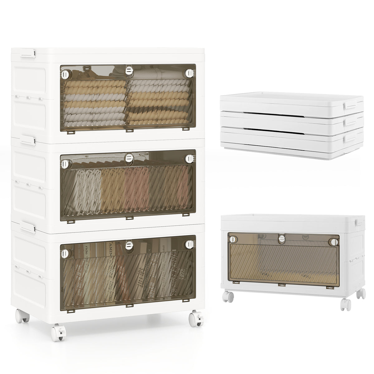 3-Tier/4-Tier Stackable Storage Bins with 3-Way-to-Open Drawers and Wheels-3-Tier