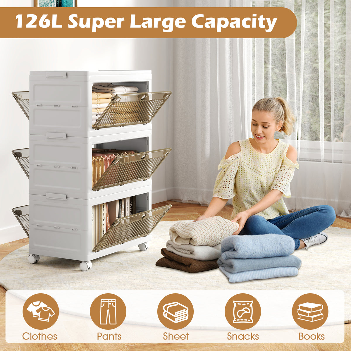 3-Tier/4-Tier Stackable Storage Bins with 3-Way-to-Open Drawers and Wheels-3-Tier