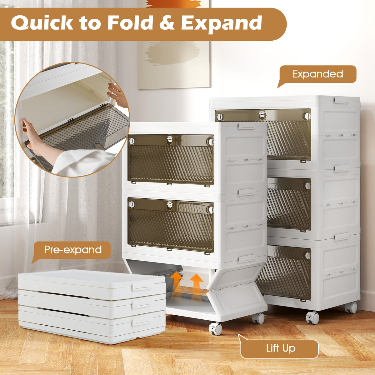 3-Tier/4-Tier Stackable Storage Bins with 3-Way-to-Open Drawers and Wheels-3-Tier