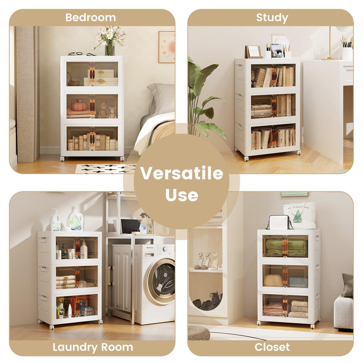 Folding 3 Pack PP 157 L Stackable Storage Bins with Lockable Wheels-White