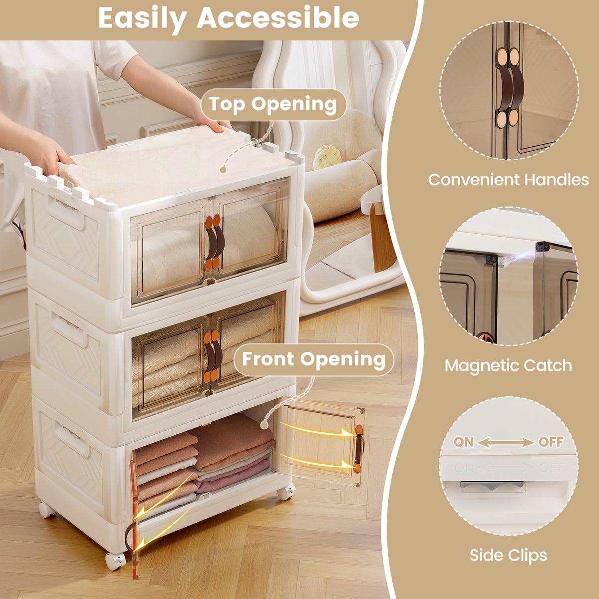 Folding 3 Pack PP 157 L Stackable Storage Bins with Lockable Wheels-White