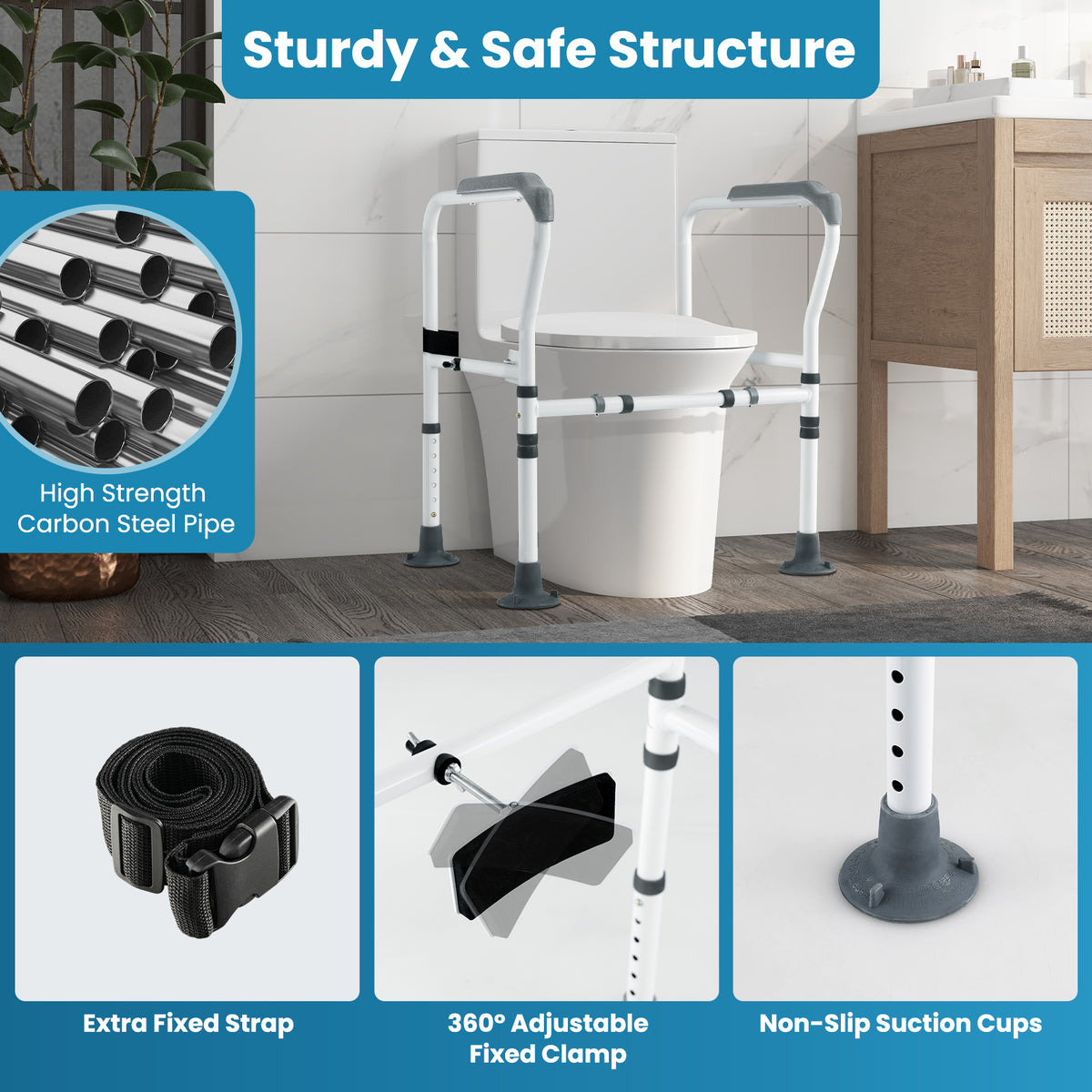 Stand Alone Toilet Safety Frame with Adjustable Height and Width-Grey