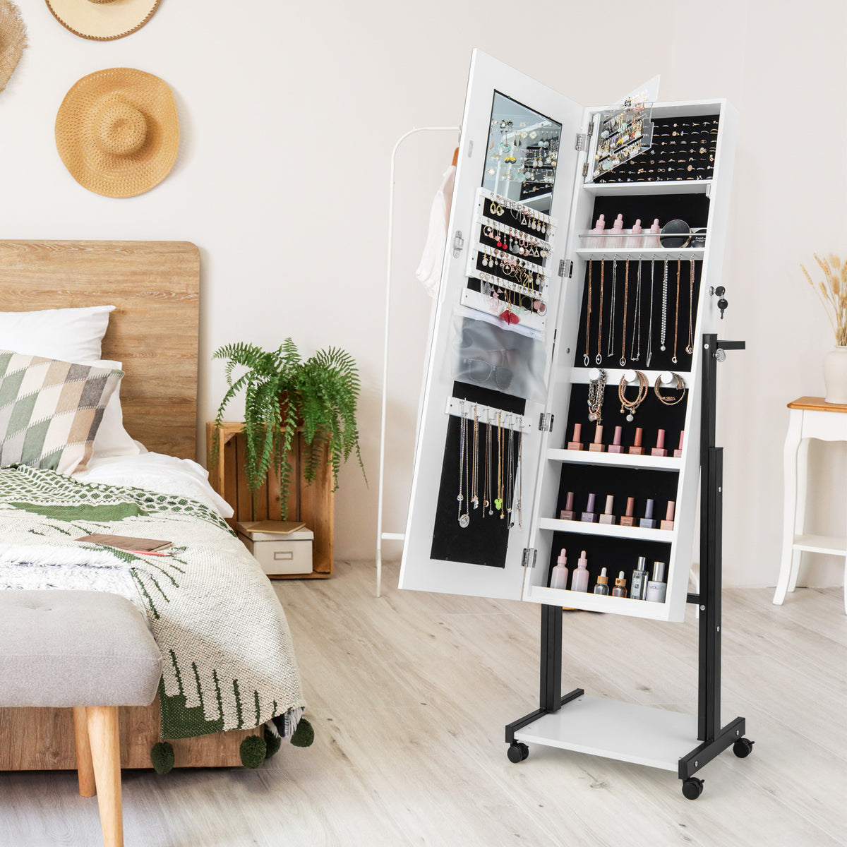 Lockable Jewelry Armoire Organizer with 3-Color Dimmable LED Full-Length Mirror-White