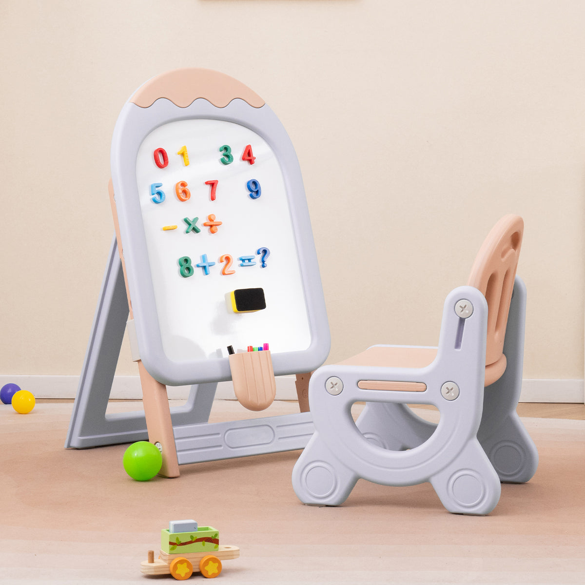 Height-adjustable and Foldable Standing Kids Art Easel with Chair-Pink & Purple