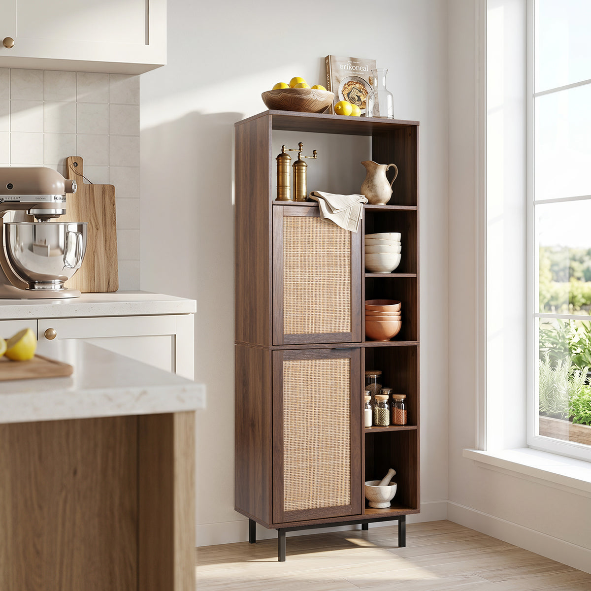 Storage Cabinet with 2 Rattan Doors and 5 Compartments-Brown