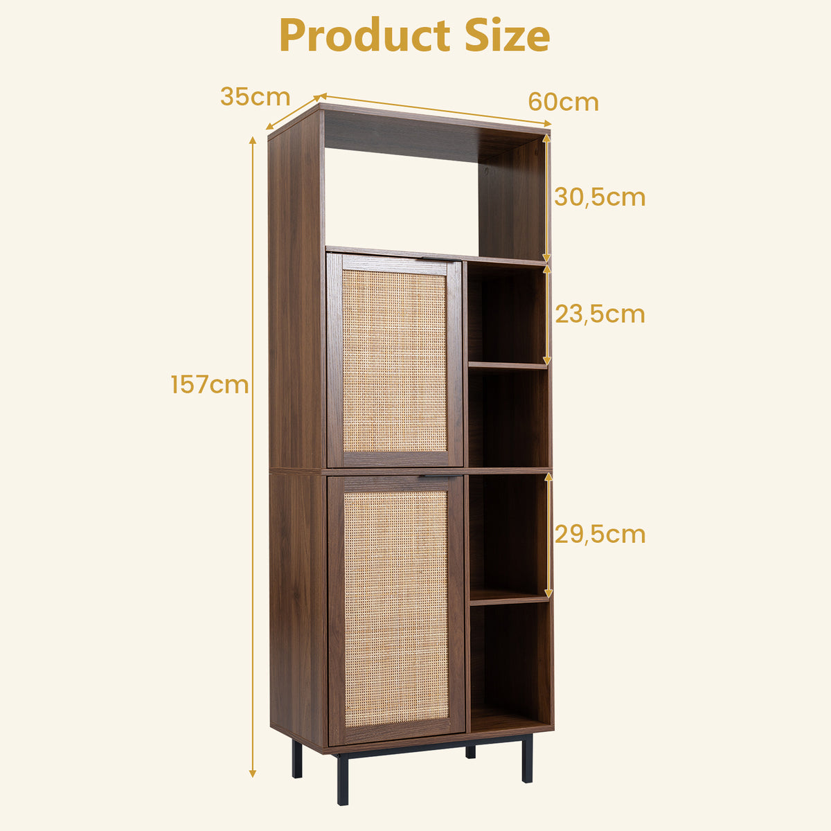 Storage Cabinet with 2 Rattan Doors and 5 Compartments-Brown