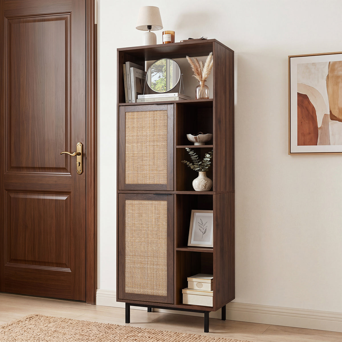 Storage Cabinet with 2 Rattan Doors and 5 Compartments-Brown