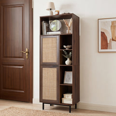 Storage Cabinet with 2 Rattan Doors and 5 Compartments-Brown