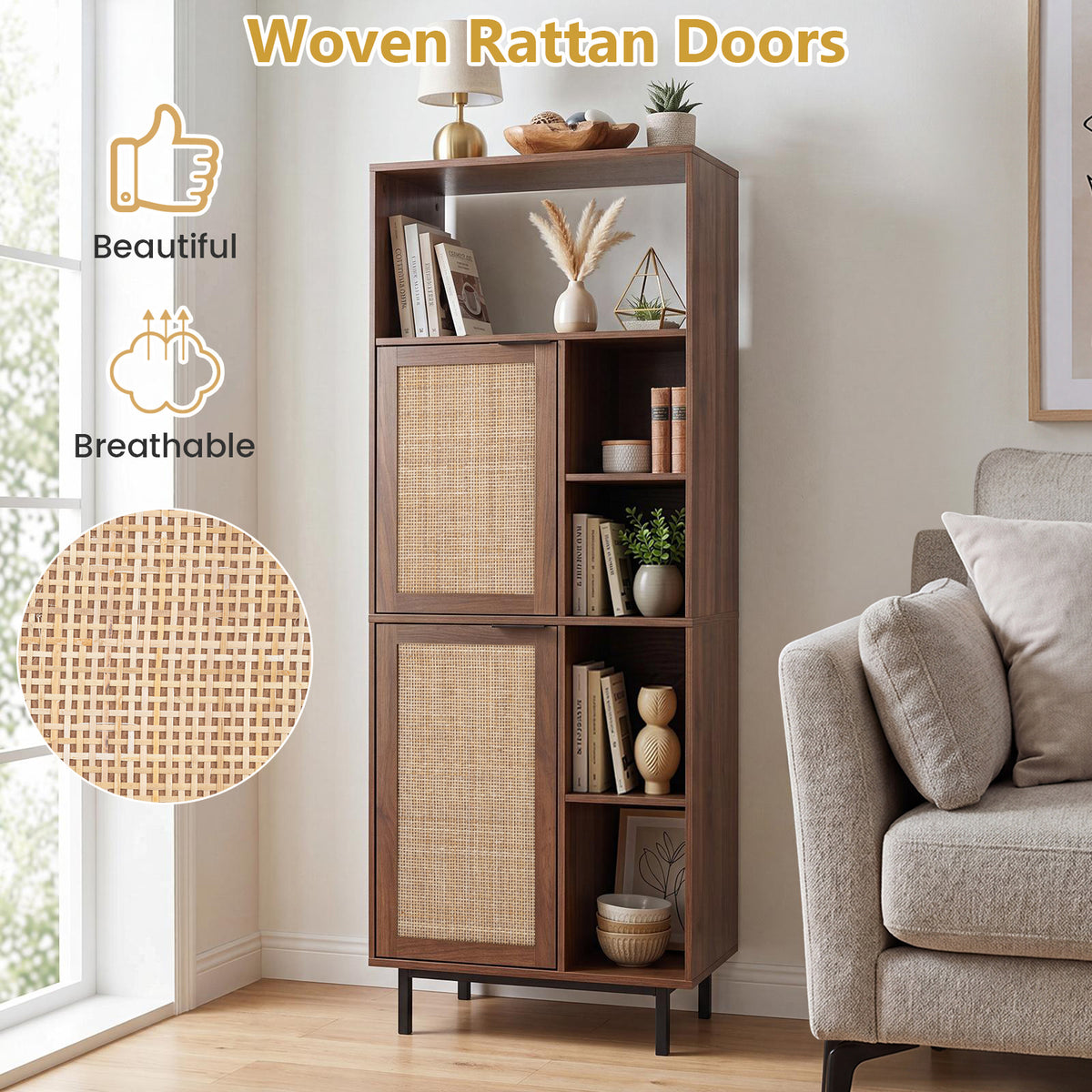 Storage Cabinet with 2 Rattan Doors and 5 Compartments-Brown
