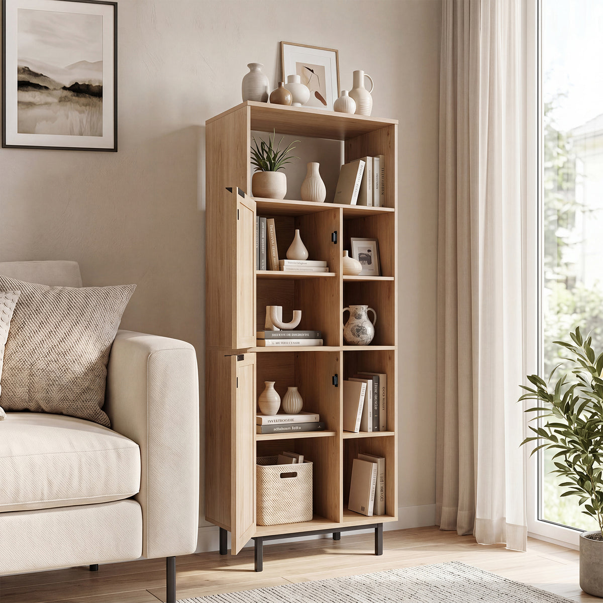 Storage Cabinet with 2 Rattan Doors and 5 Compartments-Natural