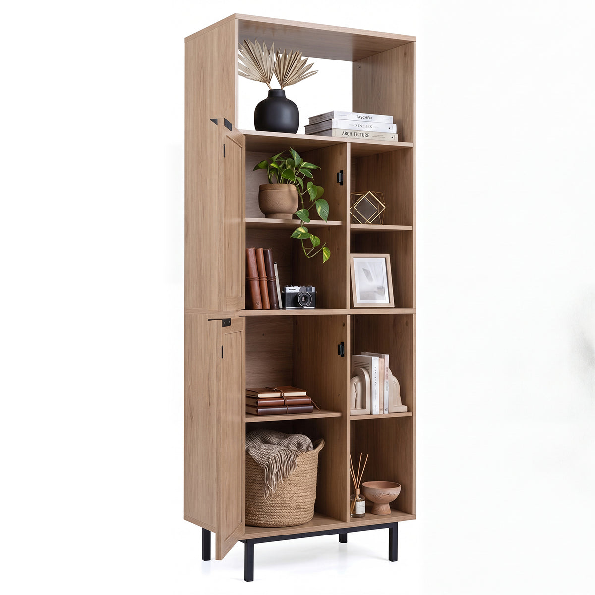 Storage Cabinet with 2 Rattan Doors and 5 Compartments-Natural