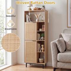 Storage Cabinet with 2 Rattan Doors and 5 Compartments-Natural