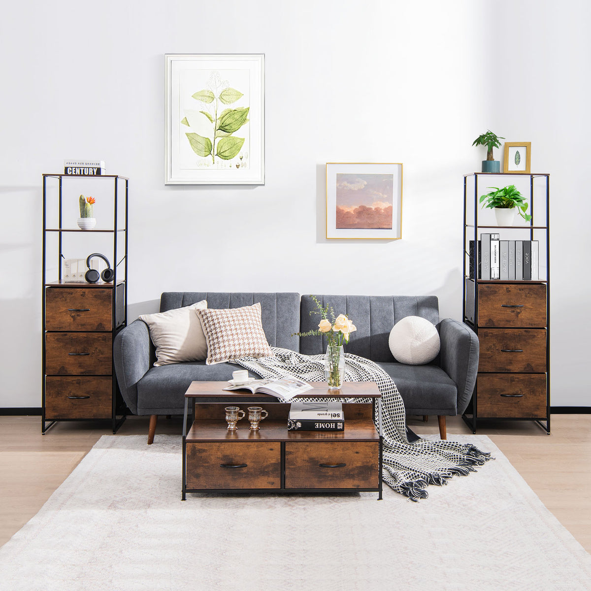 Storage Cabinet with 3 Drawers and 3-Tier Tall Shelf for Bedroom -Rustic Brown