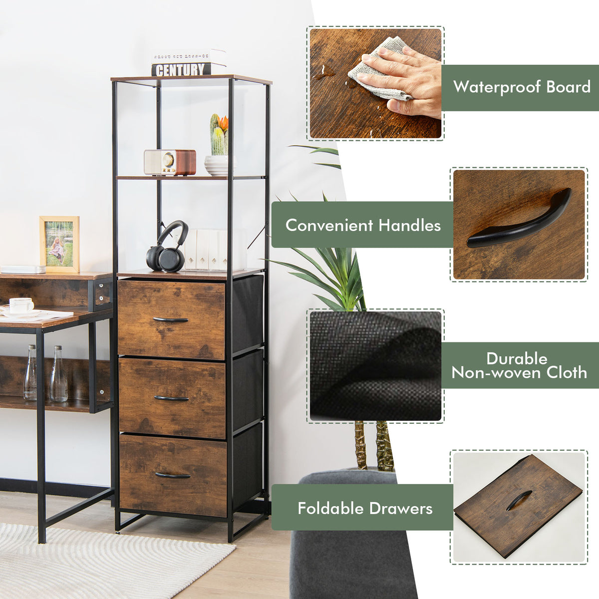 Storage Cabinet with 3 Drawers and 3-Tier Tall Shelf for Bedroom -Rustic Brown
