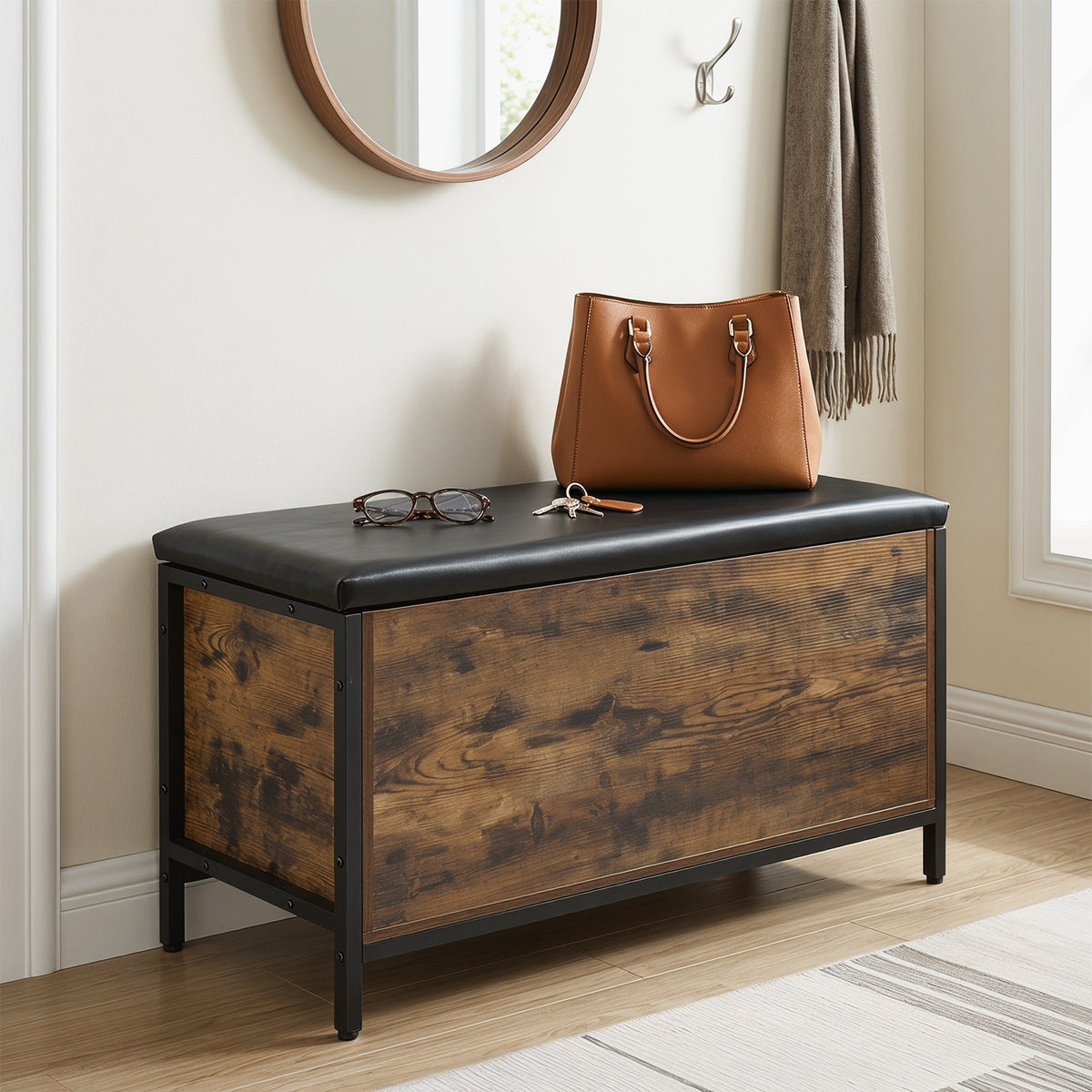 Storage Chest Industrial Shoe Bench with Faux Leather Padded Seat-Rustic Brown