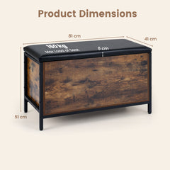 Storage Chest Industrial Shoe Bench with Faux Leather Padded Seat-Rustic Brown