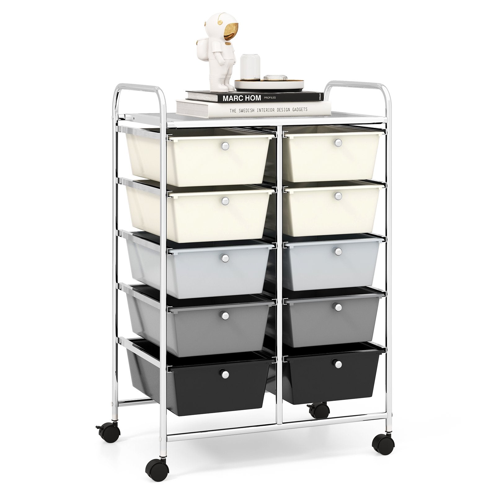 Storage Rolling Cart with 10-Drawer for Tools Scrapbook Paper Organising-Black &amp;amp;amp; White