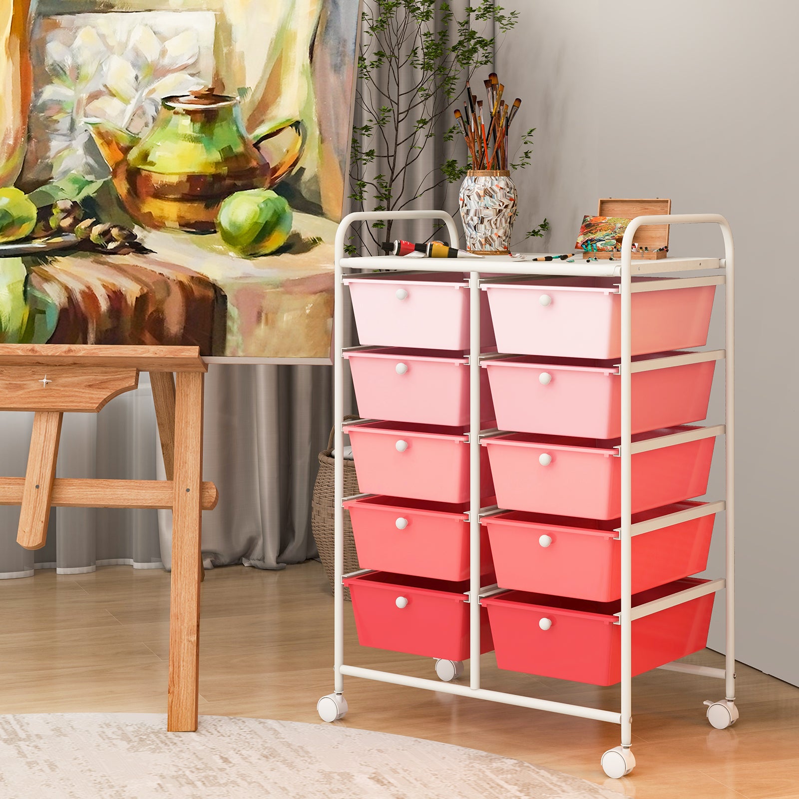 Storage Rolling Cart with 10-Drawer for Tools Scrapbook Paper Organising-Pink