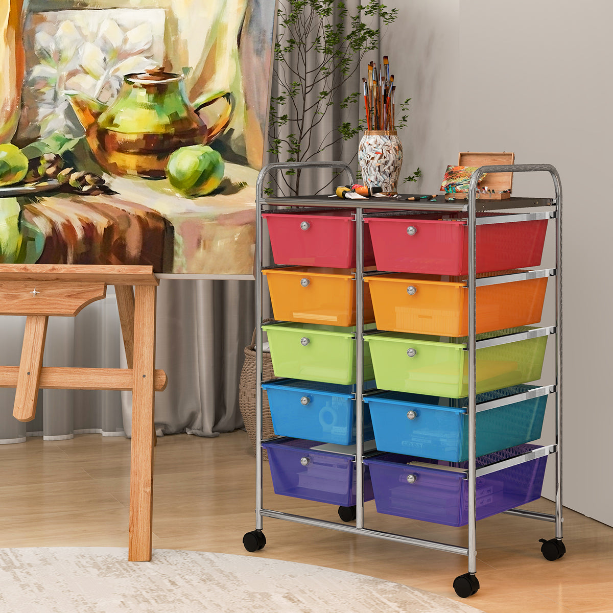 Storage Rolling Cart with 10-Drawer for Tools Scrapbook Paper Organising-Rainbow