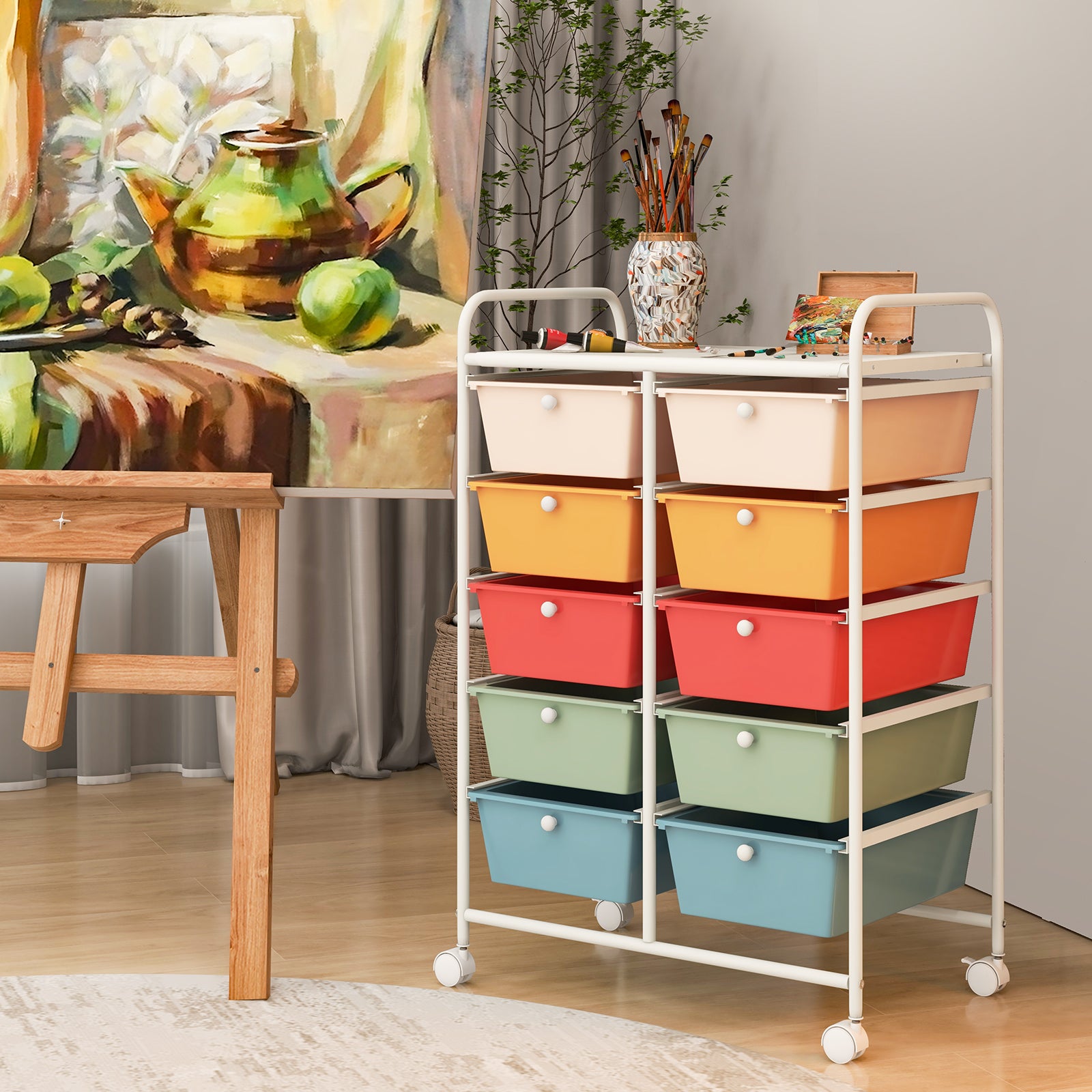 Storage Rolling Cart with 10-Drawer for Tools Scrapbook Paper Organising-Colourful