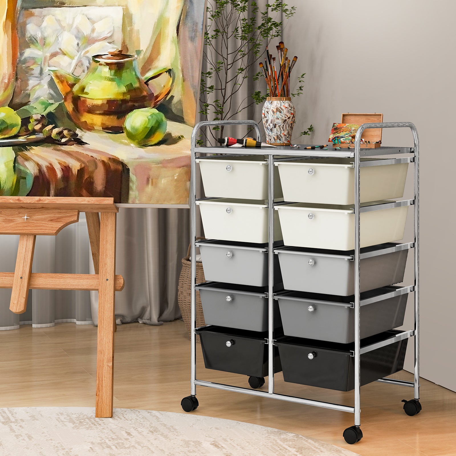 Storage Rolling Cart with 10-Drawer for Tools Scrapbook Paper Organising-Black &amp;amp;amp; White