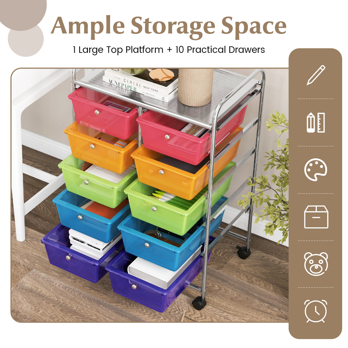 Storage Rolling Cart with 10-Drawer for Tools Scrapbook Paper Organising-Rainbow