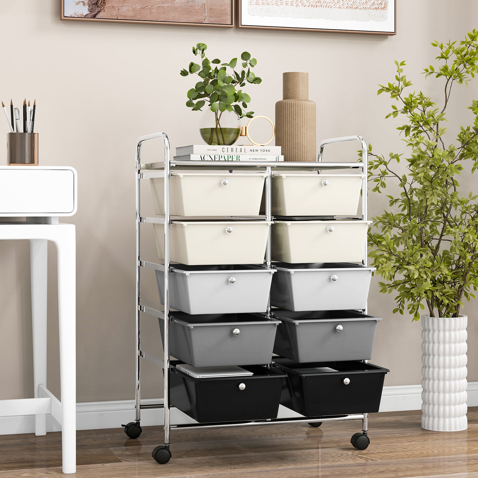 Storage Rolling Cart with 10-Drawer for Tools Scrapbook Paper Organising-Black &amp;amp;amp; White