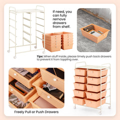 Storage Rolling Cart with 10-Drawer for Tools Scrapbook Paper Organising-Soft Peach