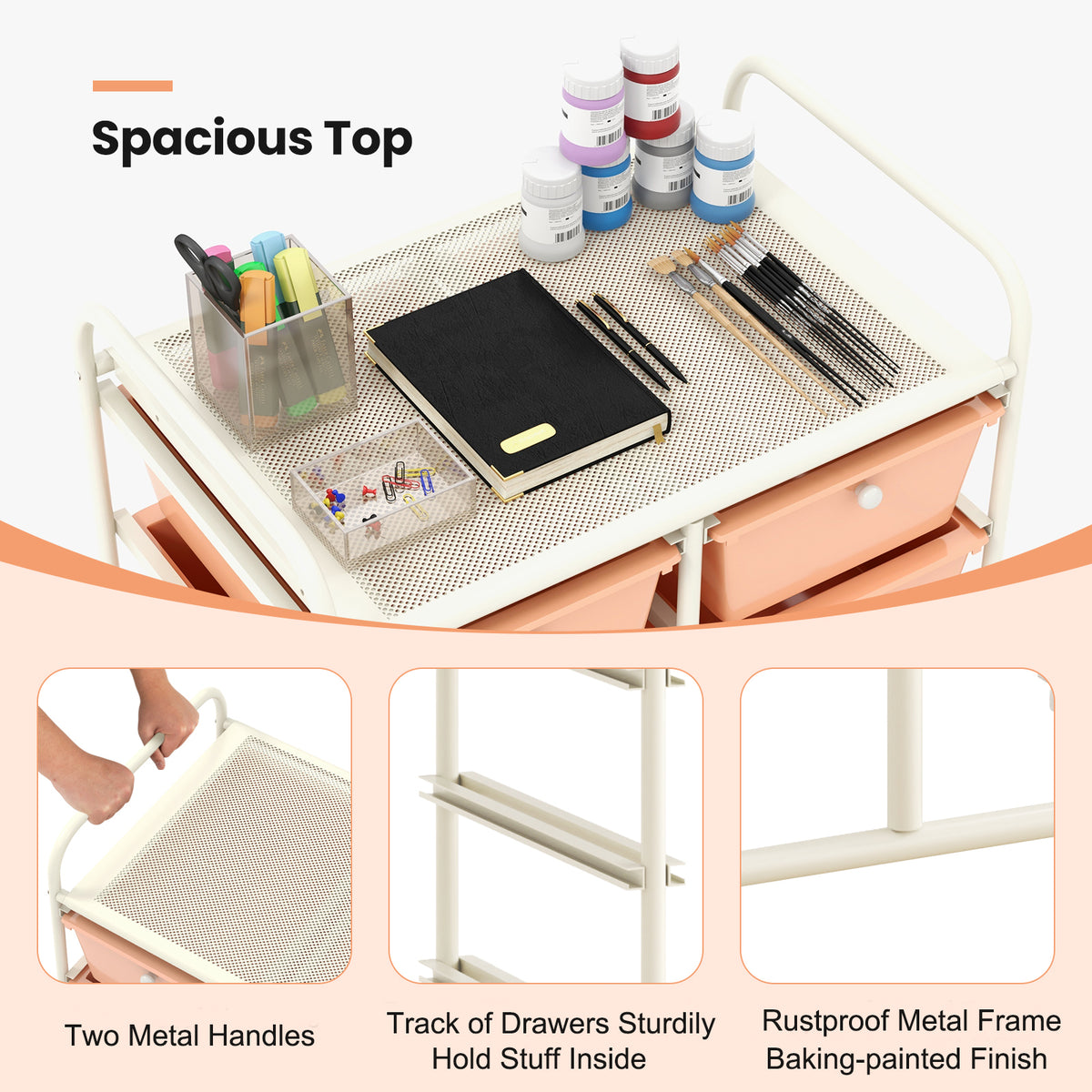 Storage Rolling Cart with 10-Drawer for Tools Scrapbook Paper Organising-Soft Peach