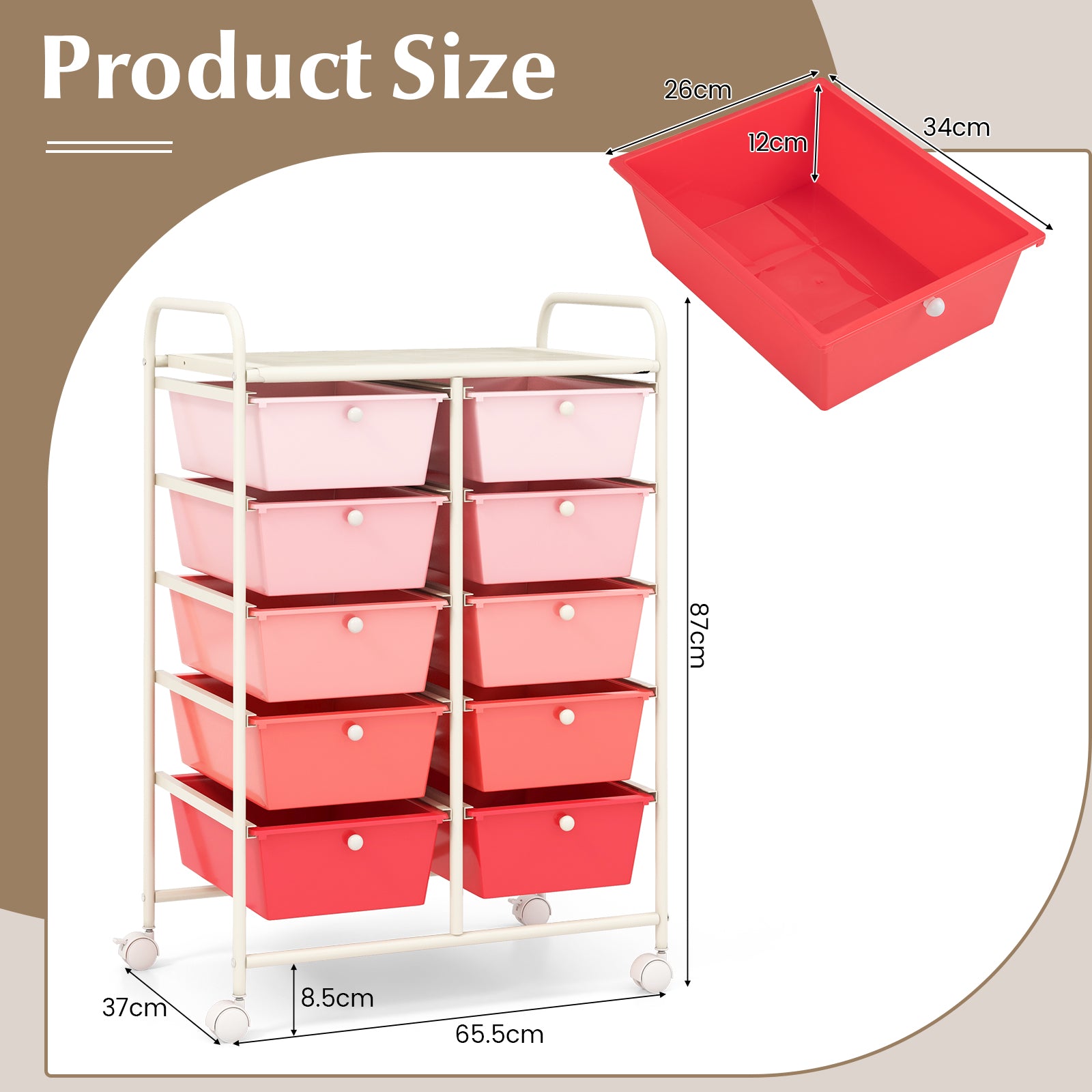 Storage Rolling Cart with 10-Drawer for Tools Scrapbook Paper Organising-Pink
