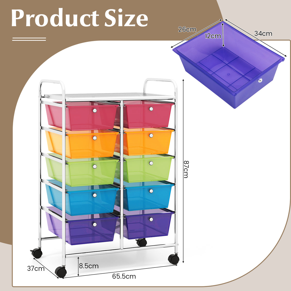 Storage Rolling Cart with 10-Drawer for Tools Scrapbook Paper Organising-Rainbow