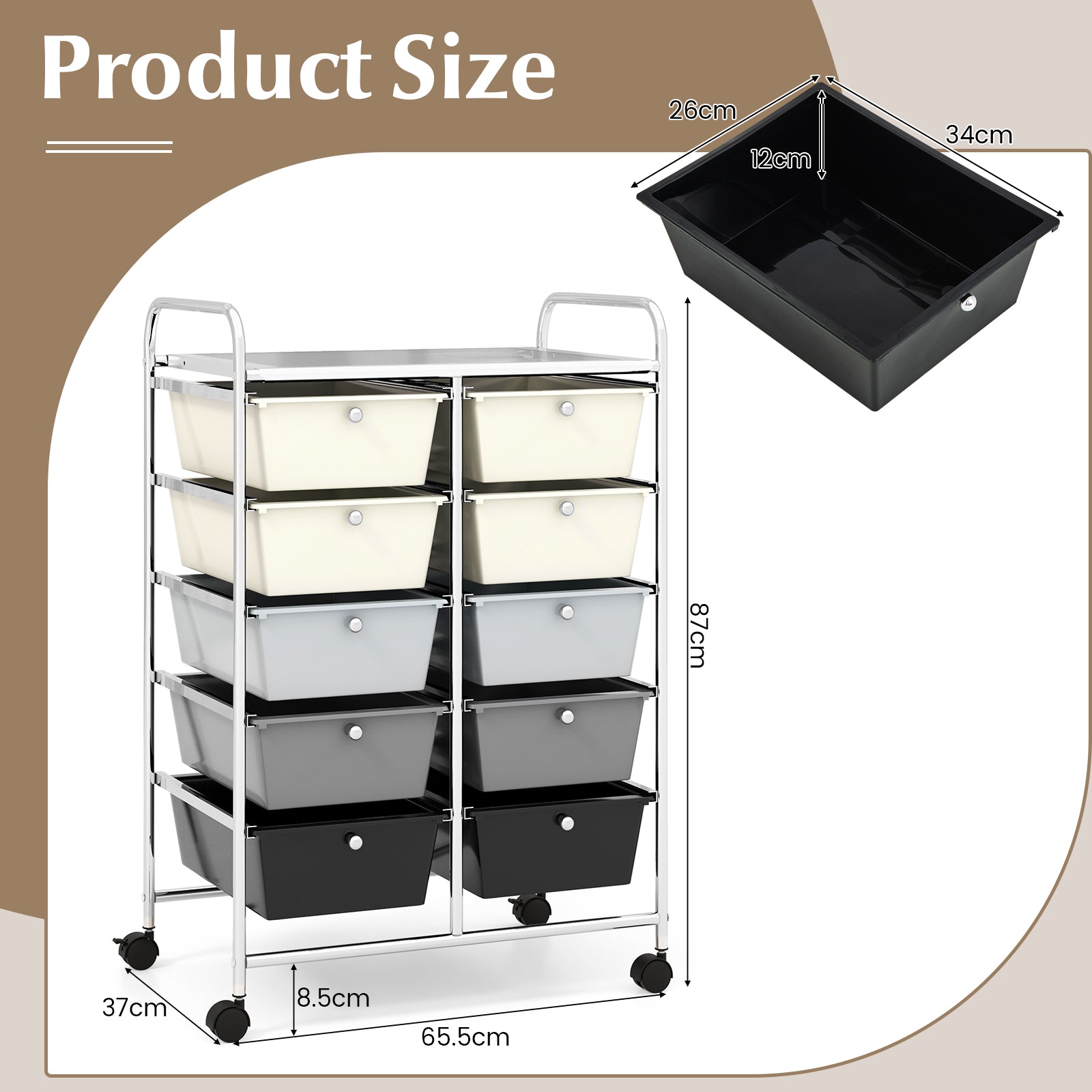 Storage Rolling Cart with 10-Drawer for Tools Scrapbook Paper Organising-Black &amp;amp;amp; White
