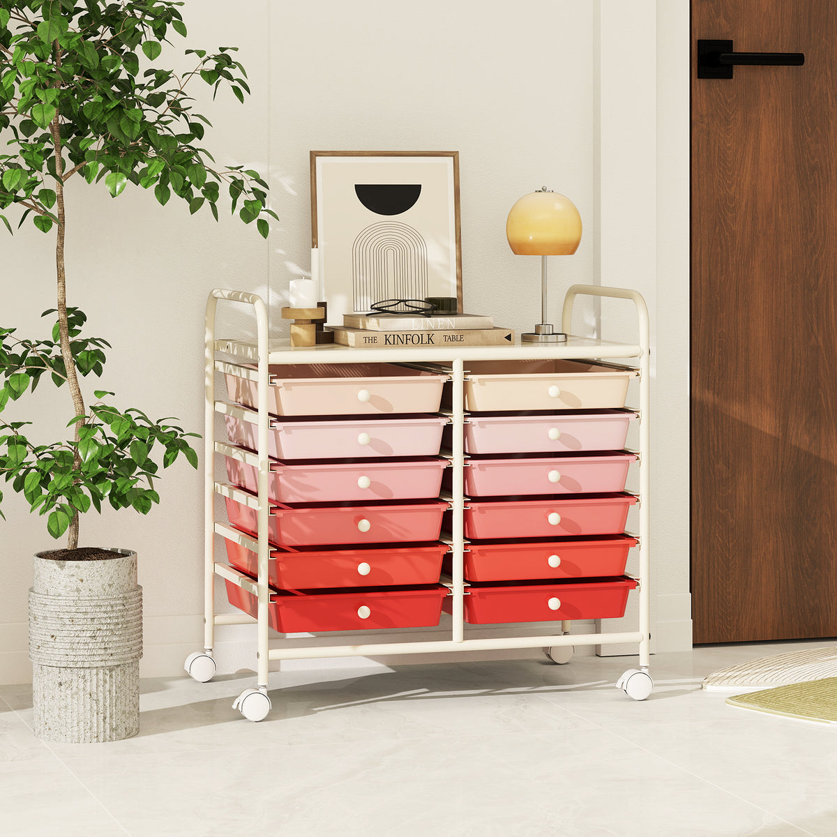 Storage Rolling Cart with Drawer and Large Countertop Side Handles-Gradient Pink