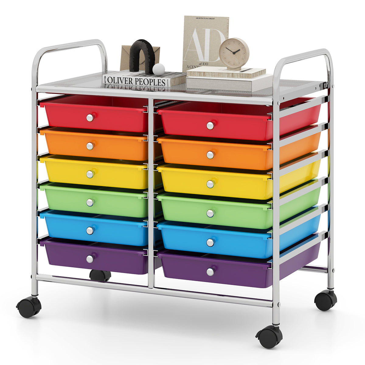 Storage Rolling Cart with Drawer and Large Countertop Side Handles-Multicolor