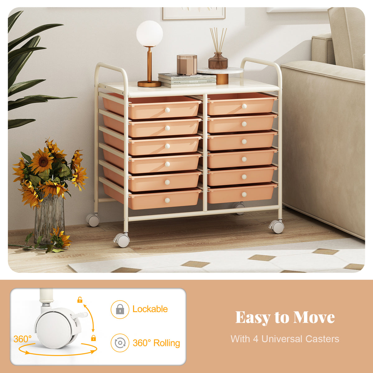 Storage Rolling Cart with Drawer and Large Countertop Side Handles-Pink