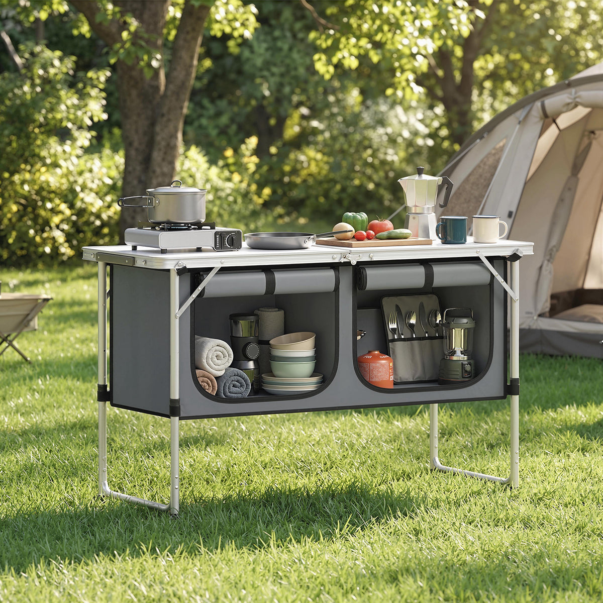 Outsunny Camping Cupboards Folding Portable Aluminium Camp Cook Station with Storage Cupboard for Outdoor BBQ
