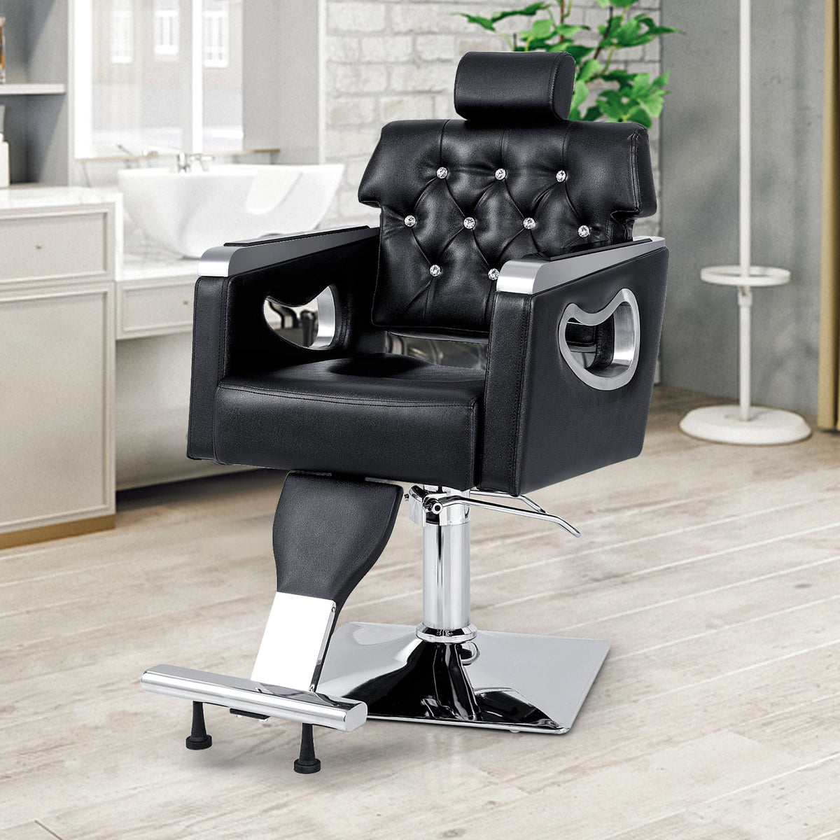 Adjustable Swivel Barber Chair with Padded Backrest in Black, image 2
