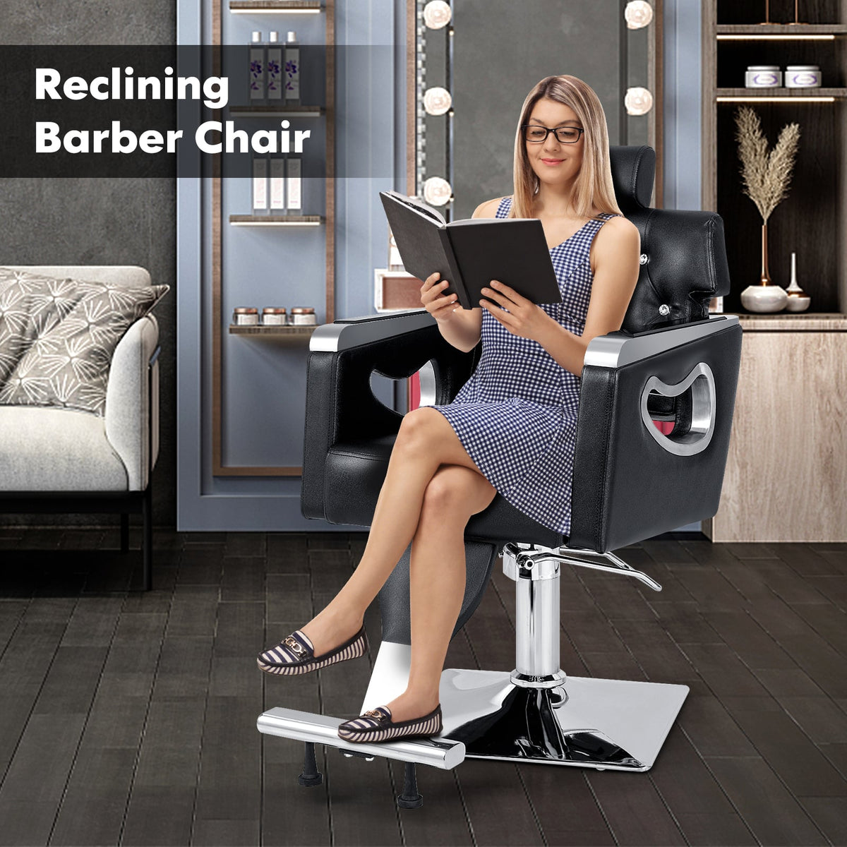 Adjustable Swivel Barber Chair with Padded Backrest in Black, image 3