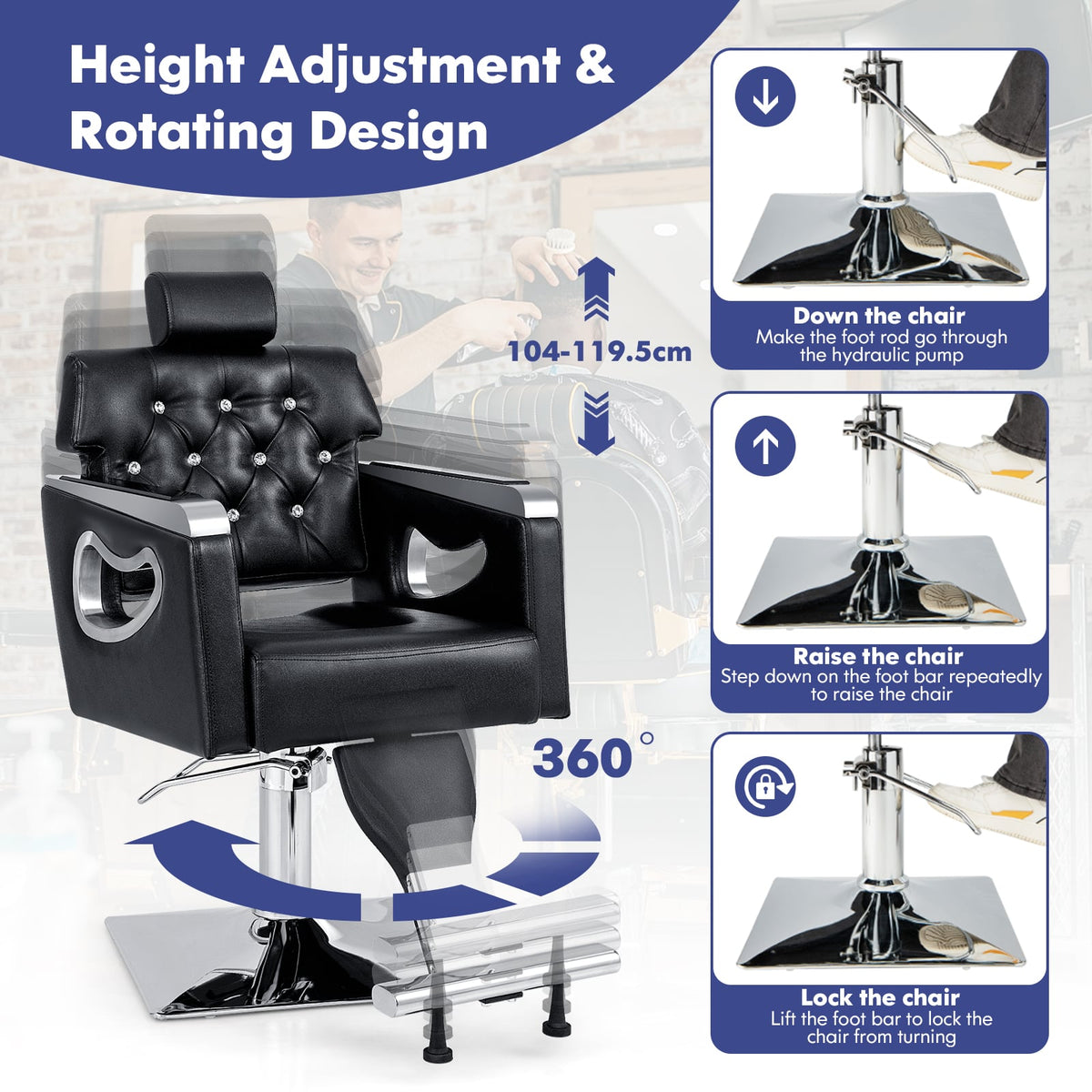 Adjustable Swivel Barber Chair with Padded Backrest in Black, image 5
