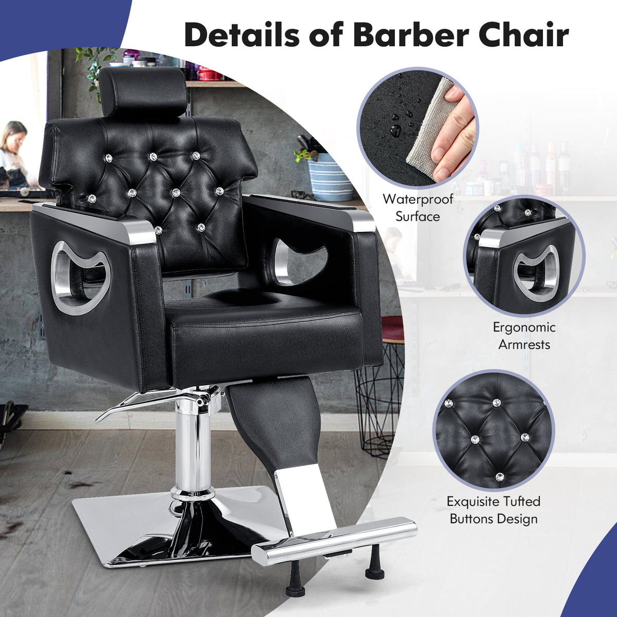 Adjustable Swivel Barber Chair with Padded Backrest in Black, image 7