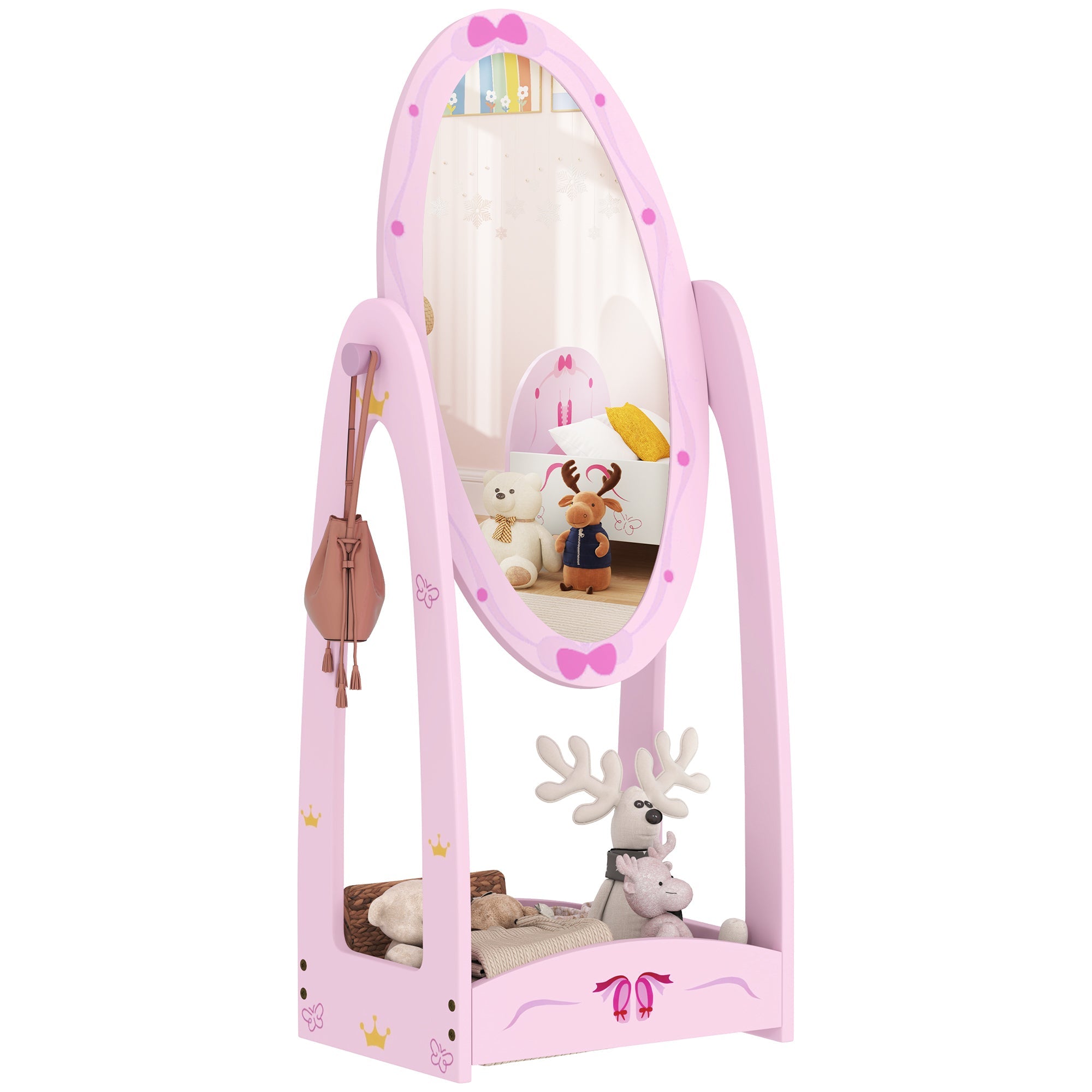 AIYAPLAY Kids Full Length Mirror, 360Â° Rotating Children Standing Mirror with Storage Shelf, Pink