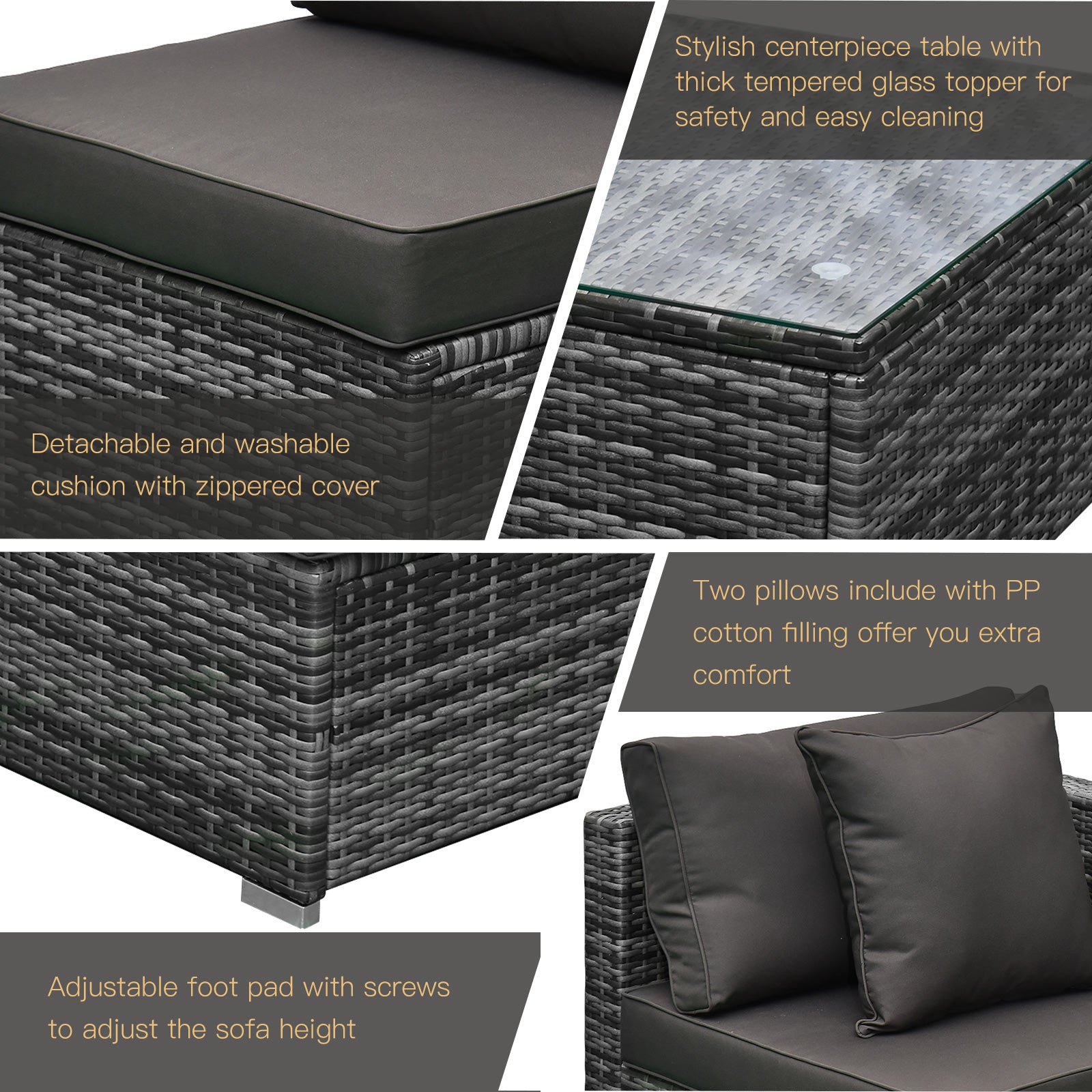 Outsunny 6 Pieces Rattan Garden Furniture Set, 5 Seater Sectional Garden Corner Sofa Set with Glass Top Coffee Table, Cushions and Pillows, All-Weather Wicker Conversation Furniture, Grey